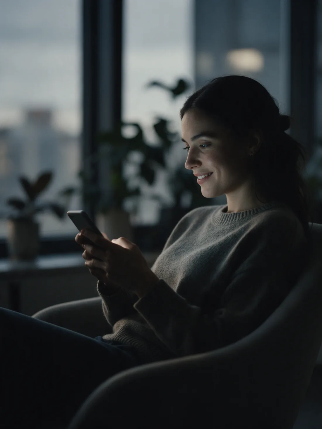 An employee smiles at a short lesson on her phone
