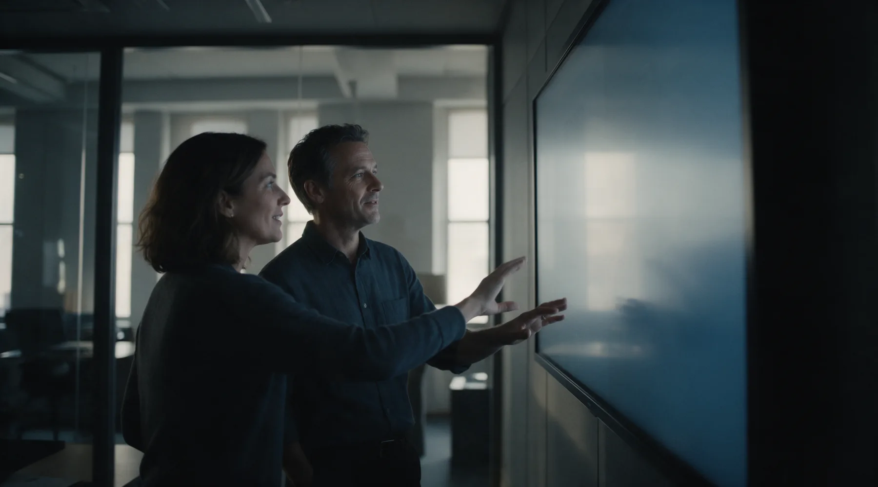 Two partners review client organizations on a large screen