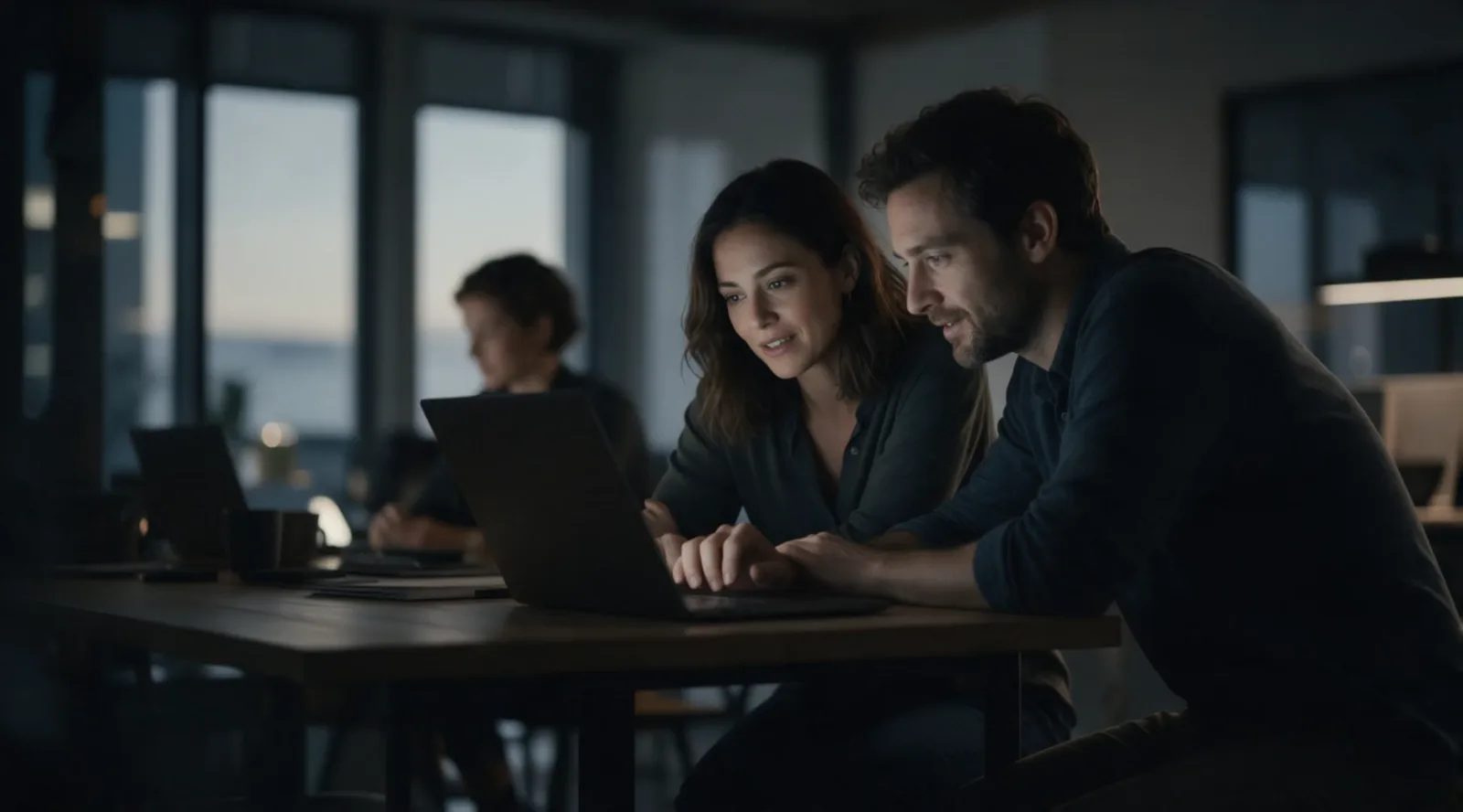 Colleagues working together at a laptop in an evening office