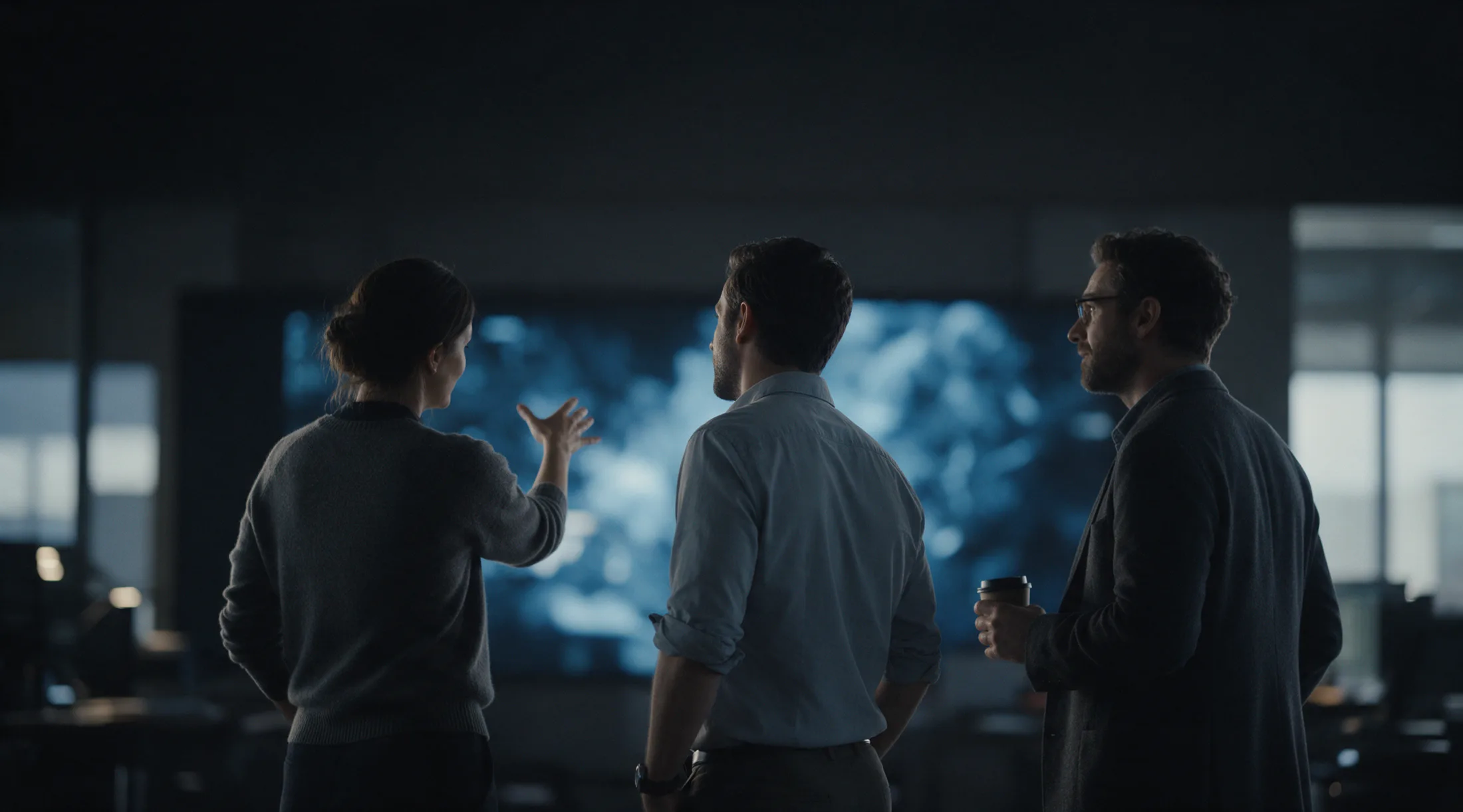 A security team reviews their program on a wall display in the evening